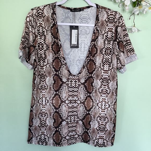 Nasty Gal Riley Snake Low Voop Neck Tee T Shirt Top Python Animal Print Brown - Picture 2 of 13